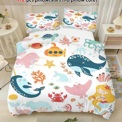 2/3件套可爱美人鱼和海洋生物儿童被套套装，100%涤纶柔软面料，适合男孩女孩，四季皆宜，轻盈透气，含枕套，卡通鲸鱼、螃蟹、海星印花儿童床品套装，耐用易护理，可机洗，是幼儿至青少年卧室装饰的理想之选。