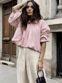 ZAHM Áo khoác ngắn tay phồng màu hồng nhạt thanh lịch, cổ bẻ, khóa kéo, dáng rộng, thích hợp cho công sở. - Hồng - Xem 3