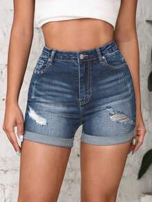 高腰破洞弹力紧身卷边牛仔短裤 - 藍色 - 查看 2