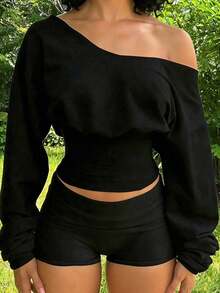 2pcs Women Casual Sports Set, Shorts And Long Sleeve Top, Streetwear Style Daily Wear Spring - 黑色 - 查看 2