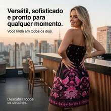 Short Strapless Dress With Elasticated Fabric And Tropical Print For Summer. - Black and Pink - View 6