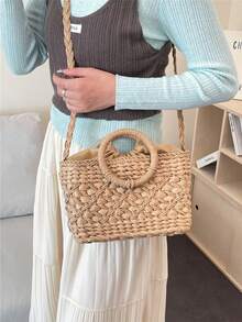 Túi tote 2 trong 1 có dây rút, làm từ rơm giấy tự nhiên, họa tiết hình thoi, thích hợp cho kỳ nghỉ, đi biển, đi làm hàng ngày, dã ngoại mùa xuân/hè. - Màu Khaki - Xem 4