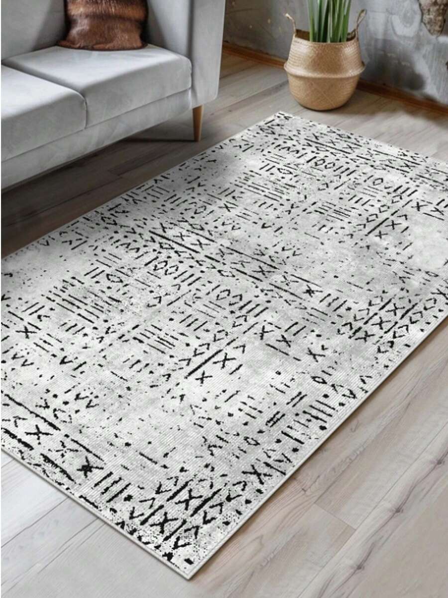 Modern Geometric Pattern Washable Area Rug - Distressed Monochrome Abstract Print Carpet For Living Room, Bedroom & Home Decor 80x200 Cm, 80x300 Cm,100x200 Cm, 120x180 Cm - Grey - View 1