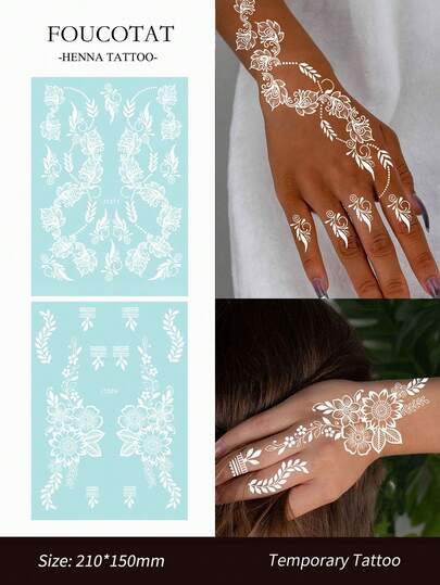 1张白色海娜纹身贴纸，女士专用，防水花朵图案临时纹身，适用于手部、婚礼、派对、身体装饰，一次性假纹身曼陀罗海娜纹身
