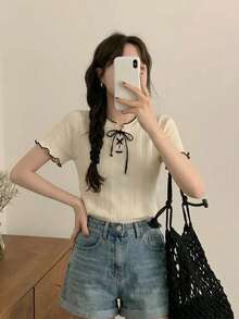 Summer Color-Blocked Slim-Fit Tie Neckline Women's Short-Sleeved Knit Top With Ruffled Trim - Apricot - View 8