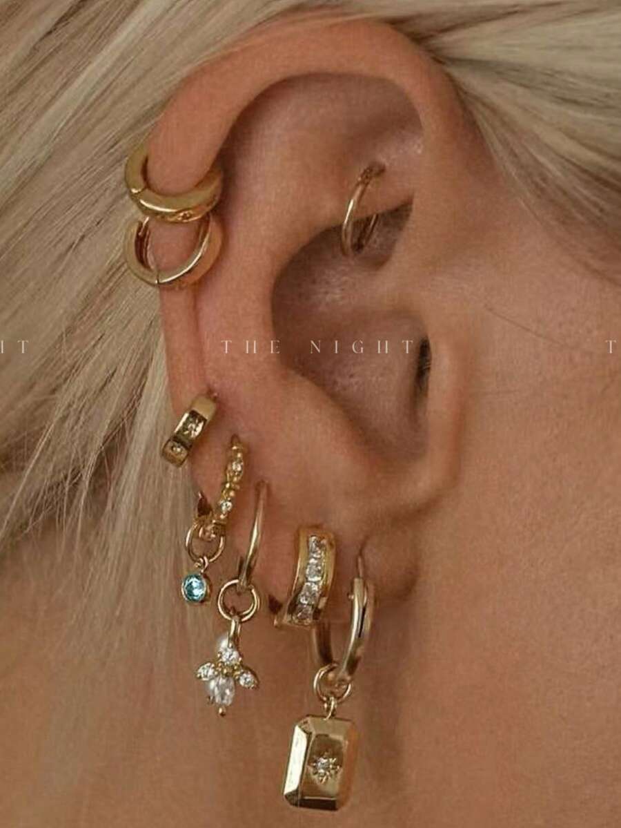 8pcs/Set Minimalist Zirconia Pendant Earrings Set, Elegant Accessories Suitable For Women's Date, Party, And Daily Wear - Yellow Gold - View 1