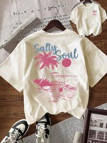 Camiseta informal de mujer de manga corta, cuello redondo y ajuste holgado con estampado de letras, para el verano - Albaricoque 2 - Ver 12