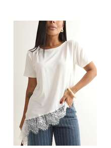 Women's Casual Blouse With Asymmetrical Hem And Lace Trim, Basic Casual Everyday Wear - 白色 - 查看 5