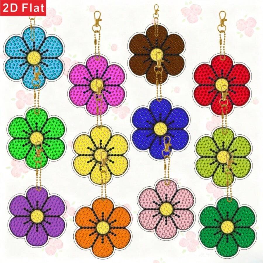 Bộ tranh đính đá acrylic 2D phẳng 12 chiếc/bộ, hình hoa, móc khóa - Hai mặt, gồm 12 móc khóa + vòng chìa khóa, lỗ đính đá hình dạng bất đối xứng, thiết kế mặt dây chuyền hoa sáng bóng. - A - Xem 1