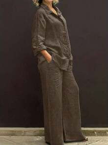 Lightweight Collar Casual Cardigan, Versatile Solid Color Elegant Blouse Top Suitable Beach, Daily, Commuting, Work, Shopping, Soft Fabric, Elastic Waist Loose Pants, 2-Piece Set, Spring/Summer/Autumn - 咖啡棕色 2 - 查看 6