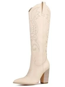 Women's Western Cowboy Boots Slip On Embroidered Pointed Toe Chunky Heel Outdoor Fashion Retro Style Spring Fall Knee High Riding Boots White Cowboy Boots Women - trắng - Xem 7