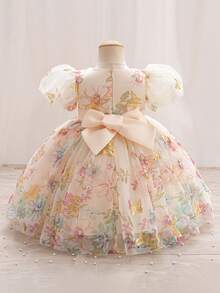 1pc Girls' Floral & Butterfly Mesh Dress - Puff Sleeve Bow Princess Gown, Suitable For Wedding, Birthday And Runway - Champagne - View 3