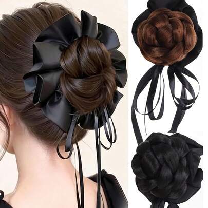 Women's Synthetic Ballet Ribbon Claw Clip Bun Wig, One-Click Wear, Simple And Convenient, Instantly Boosts Hair Volume