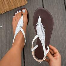 New Summer Beach Leaf Rhinestone Thong Design Women Flat Sandals, Fashion, Elegant, Comfortable, Versatile, Suitable For Walking, Home - White - View 9