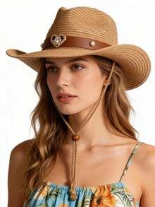 1顶女士水钻心形西部牛仔遮阳帽，宽檐透气防晒帽，适合夏季海滩度假和户外活动 - 愛心珍珠草邊帽 - 查看 3