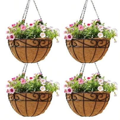 12 Inch Metal Hanging Baskets For Plants Outdoor 4 Pack Round Metal Wire Hanging Basket Planter With Coco Fiber Liners Chain Round Wire Plant Holder For Garden Patio Deck Porch Plants Flower Potss