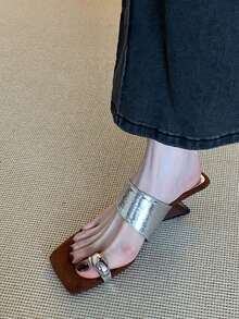 2026 New French Wedge Leopard Print One-Strap Slide Sandals For Women, Suitable To Wear With Dresses, Silver High Heel Sandals - Silver - View 5