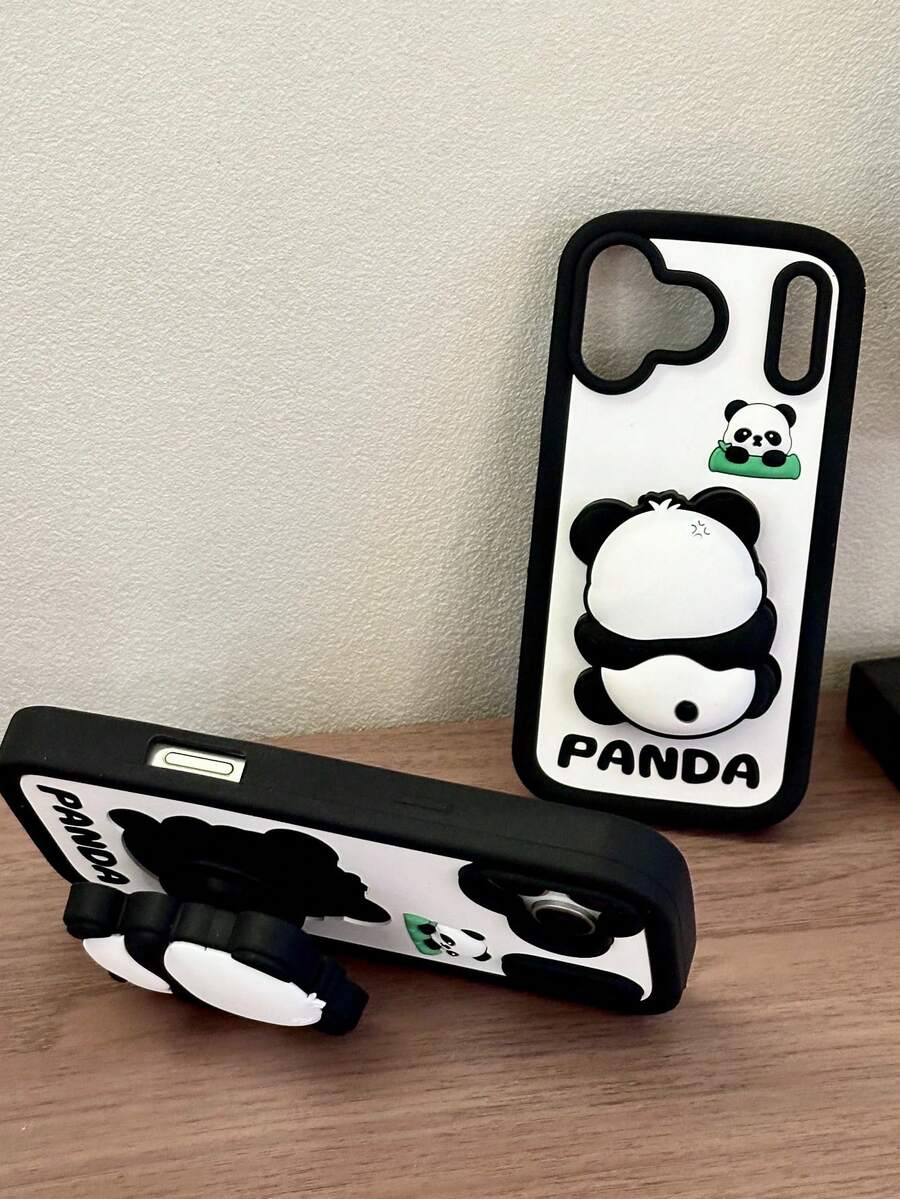 1pc Silicone Phone Case With Cute Panda Design And Foldable Stand, Suitable For IPhone 17 Pro Max, 16 Pro Max, 15 Pro Max, 14/13 - Multicolor - View 1