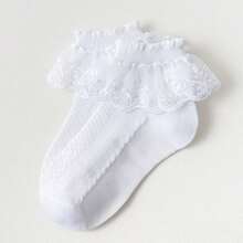 3双装女童白色蕾丝荷叶边短袜，柔软透气网眼荷叶边袜，公主风可爱荷叶边袜，适合儿童日常穿着和角色扮演。 - 白色 - 查看 8