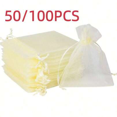 50pcs White Transparent Organza Bags Gift Packaging Bags, Halloween Candy Bags, Christmas Gift Candy Bags Organza Bags, Wedding Favor Candy Tulle Bags, Holiday And Party Gift Packaging Bags, Room Decoration Tulle Bags, Party Decoration Packaging Bags, Tabletop Candy Decor, Home Decor Packaging Bags, Suitable For Spice Bags, Stationery Erasers, Small Gifts