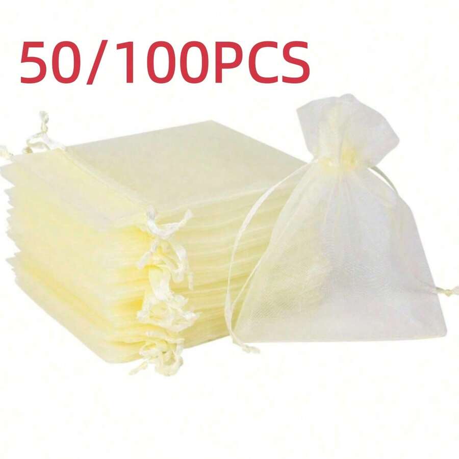 50个白色透明欧根纱袋礼品包装袋，万圣节糖果袋，圣诞节礼品糖果袋欧根纱袋，婚礼回礼糖果薄纱袋，节日和派对礼品包装袋，房间装饰薄纱袋，派对装饰包装袋，桌面糖果装饰，家居装饰包装袋，适用于香料袋，文具橡皮擦，小礼物 - 米色 - 查看 1
