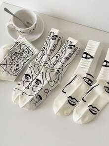 3 Pairs Women's Mid-Calf Socks, Beige Abstract Human Figure Minimalist Design, Suitable For Everyday Wear - Multicolor - View 8