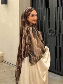1pc Women's Scarf, Bohemian Watercolor Print Shawl Headscarf, Muslim Hijab Suitable For Daily Wear, Autumn - màu nâu - Xem 2