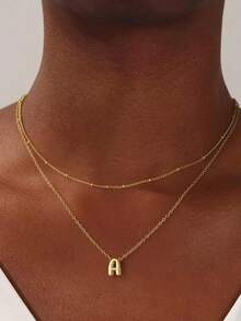 1pc Stainless Steel 18K Gold Plated Personalized 3D Bubble Letter Design Women Necklace, Layered Delicate Cute Clavicle Chain Pendant, Fashion Accessory, Mother's Day Gift - Gold - View 3