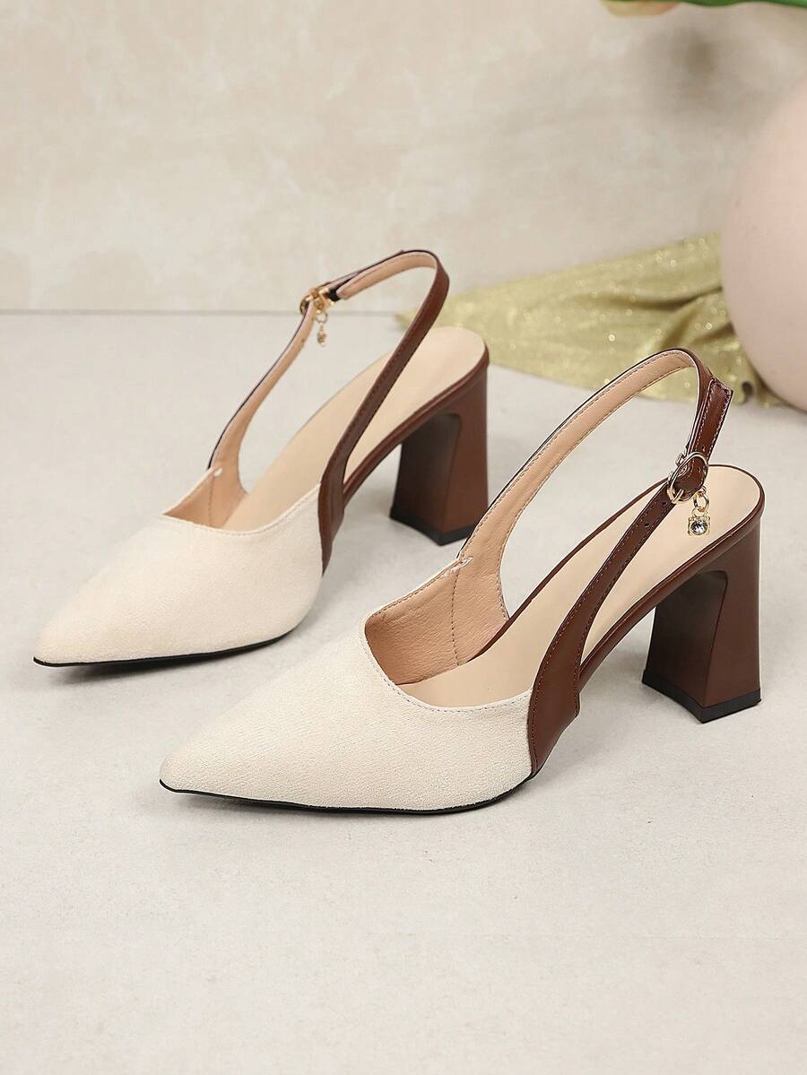 1 Pair Apricot Women's High Heel Sandals, Soft Suede PU Fabric, Pointed Toe Low Vamp Chunky Heel Elevated Back Heel With Metal Buckle Design, Fashionable Elegant Princess Style Wedge Sandals, Suitable For Daily Casual, Vacation, Holiday, Party, Shopping, Office - Apricot - View 1