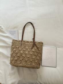 Túi tote bằng rơm tự nhiên, họa tiết vỏ sò 3D, quai đeo bằng da PU màu nâu, có thể đeo vai hoặc xách tay, khóa nam châm 2 trong 1, kiểu dáng Pháp, thích hợp cho nữ đi nghỉ mát, du lịch mùa xuân/hè, nghỉ mát biển, đi làm hàng ngày. - Màu Khaki - Xem 11