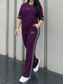 2pcs Women's Spring/Autumn Round Neck Short Sleeve T-Shirt And Elastic Waist Loose Pants Set, Casual Daily Wear Summer - 深紫色 64 - 查看 2