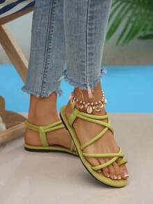女士休闲交叉绑带人字拖凉鞋，弹力带沙滩运动度假时尚PU皮平底凉鞋，夏季 - 綠色 - 查看 7