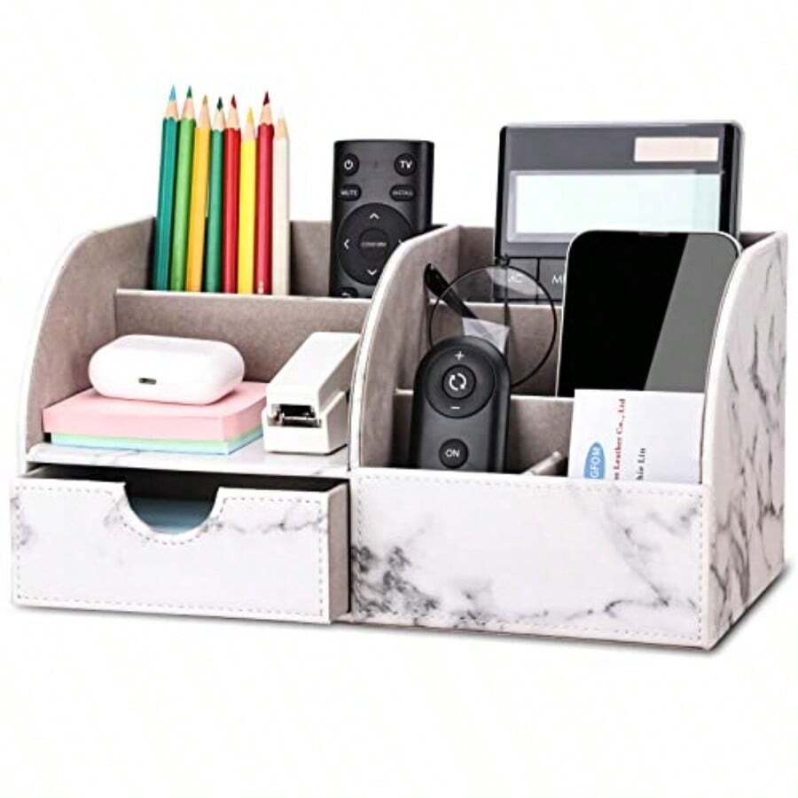 KINGFOM - Organizador de piel sintética para lápices caja de almacenamiento 6 compartimentos con cajón de mármol gris - Mrmol PUgris - Ver 1