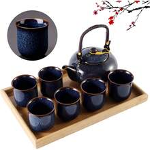 Dujust Juego de té japonés, juego de té de porcelana cian-azul con 1 juego de tetera, 6 tazas de té, 1 bandeja de té, 1 infusor de acero inoxidable, juego de té asiático para amantes del - azul oscuro - Ver 12