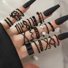 22件套金色可叠戴戒指套装，链条造型，饰有油炸面团扭纹爱心元素，百搭Y2K美学风格，女士饰品 - 彩色 - 查看 3