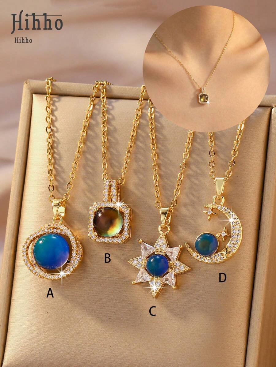 Hihho 1 pieza Collar con colgante de gema ombre de lujo, diseños de colgantes geométricos múltiples disponibles, joyería elegante para uso diario - Dorado - Ver 1