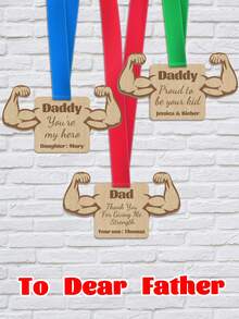 1pc Custom Text Dad Muscle Medal – Personalized Wooden Strength Medal With Custom Name & Message | Reusable 3-Color Ribbon Keepsake | Ideal Father'S Day & Birthday Gift For Dads & Grandpas - Multicolor - View 5