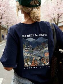 Women's Bohemian Christian Loose Fit T-Shirt, Breathable Fashion T-Shirt With Round Neck And "Be Still And Know" Print, Patchwork Mountain Landscape And Bible Verse S - 海軍 - 查看 5
