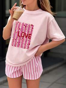Pink Heart Graphic Tween Girls' Casual Summer T-Shirt, Suitable For Children And Teenagers - Pink - View 3