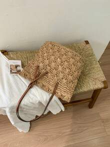 Túi tote bằng rơm tự nhiên, họa tiết vỏ sò 3D, quai đeo bằng da PU màu nâu, có thể đeo vai hoặc xách tay, khóa nam châm 2 trong 1, kiểu dáng Pháp, thích hợp cho nữ đi nghỉ mát, du lịch mùa xuân/hè, nghỉ mát biển, đi làm hàng ngày. - Màu Khaki - Xem 8