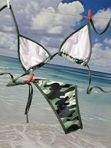 2026 女士粉色迷彩印花性感比基尼上衣，可调节侧系带三角泳裤套装，适合海滩度假 - 軍綠色 - 查看 4