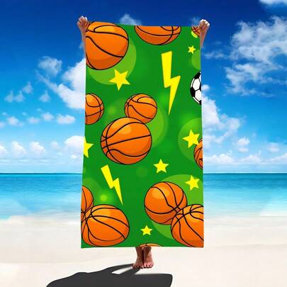 1pc Cartoon Basketball & Lightning Design Beach Towel, Super Absorbent & Oversized Beach Blanket, Suitable For Travel, Swimming Pool, Diving, Surfing, Yoga, Camping, Available In Multiple Sizes, Beach Accessories