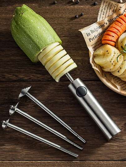yeefeeco A Set Of Stainless Steel Vegetable Drills, Fruit Corers, And Vegetable Spiral Slicers With Ergonomic Handles, Featuring Four Sizes, Suitable For Coring And Hollowing Out Vegetables Such As Zucchini, Potatoes, Carrots, And Apples.