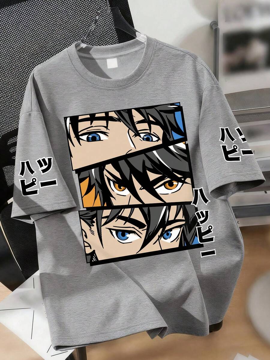 Áo thun dáng rộng phong cách anime dành cho nam thiếu niên, có in hình mắt và khẩu hiệu tiếng Nhật, tay ngắn dáng rộng, phù hợp cho các buổi tụ họp anime, gặp gỡ cuối tuần và phong cách đường phố. - Xám - Xem 1
