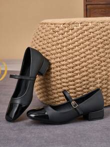 Square Toe Low Chunky Heel Work Pumps - Black - View 6