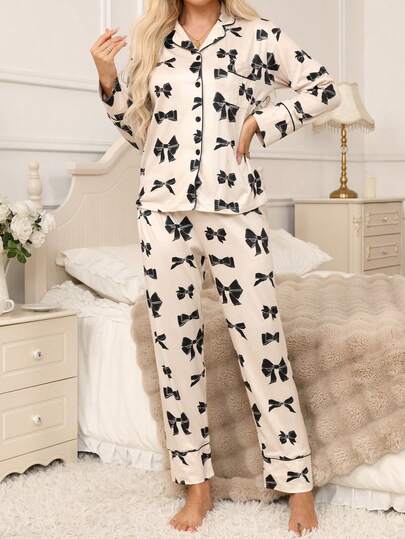 Women's 2 Pieces Pajama Set, Lightweight Collared Robe With Butterfly Print And Long Pants, Simple Elegant And Comfortable Sleepwear Set For Autumn/Winter