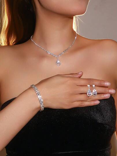 复古闪亮水滴吊坠项链、耳环和手链首饰套装，奢华婚纱配饰，派对及节日盛装