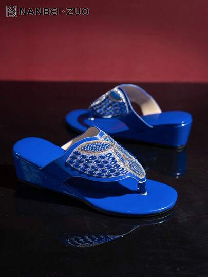 NANBEI ZUO Summer New Women's Gem & Rhinestone Decorated Blue Wedge Flip Flops, Fashionable Versatile Thong Design Blue High Heel Sandals, Suitable For Holiday Beach Wear, Mother's Day Gift