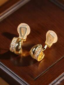 1对时尚新款光滑锆石几何铜夹式耳环，优雅闪亮，适合女性日常佩戴，节日礼物 - 耳夾 - 查看 9