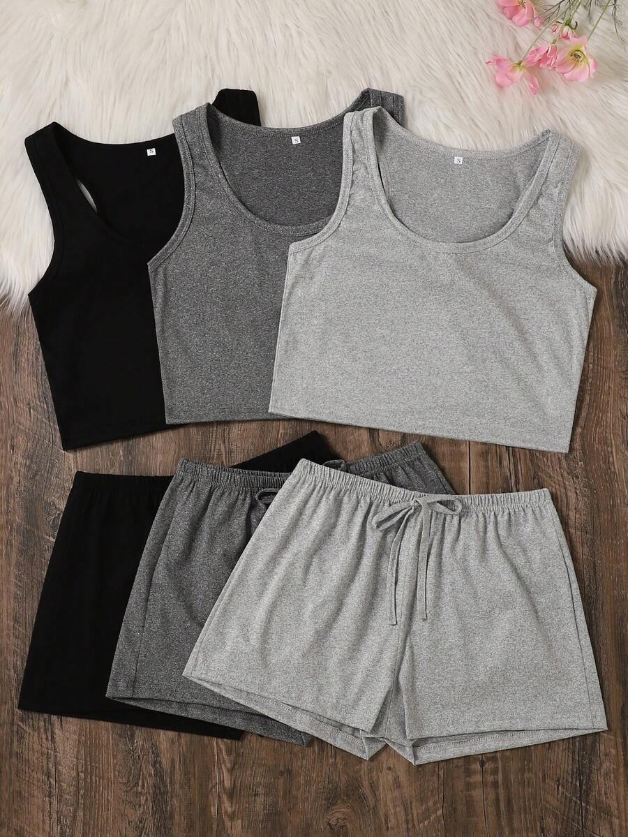 3件套女士无袖上衣和短裤睡衣套装,薄款涤纶纯色简约舒适家居服套装,适合春夏穿着,黑色+浅灰色+深灰色 6件套 - 彩色 - 查看 1